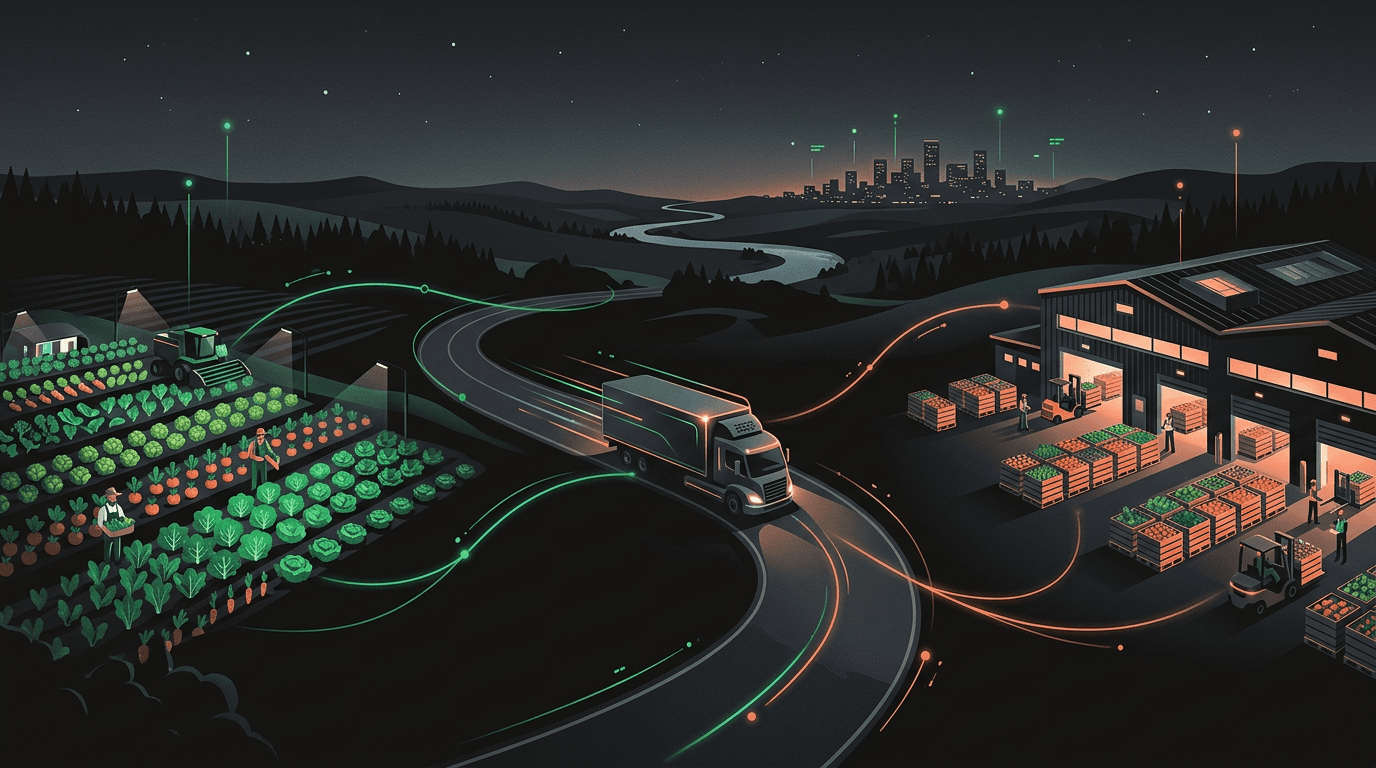 Illustration of produce flowing from farms through refrigerated transport to distribution